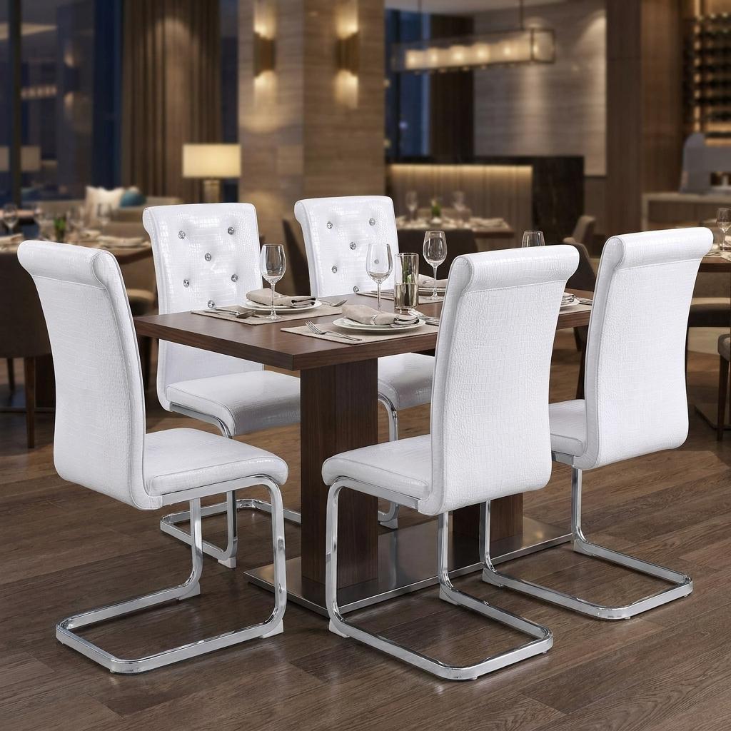 Set of Four White And Silver Tufted Faux Leather And Metal Dining Side Chairs