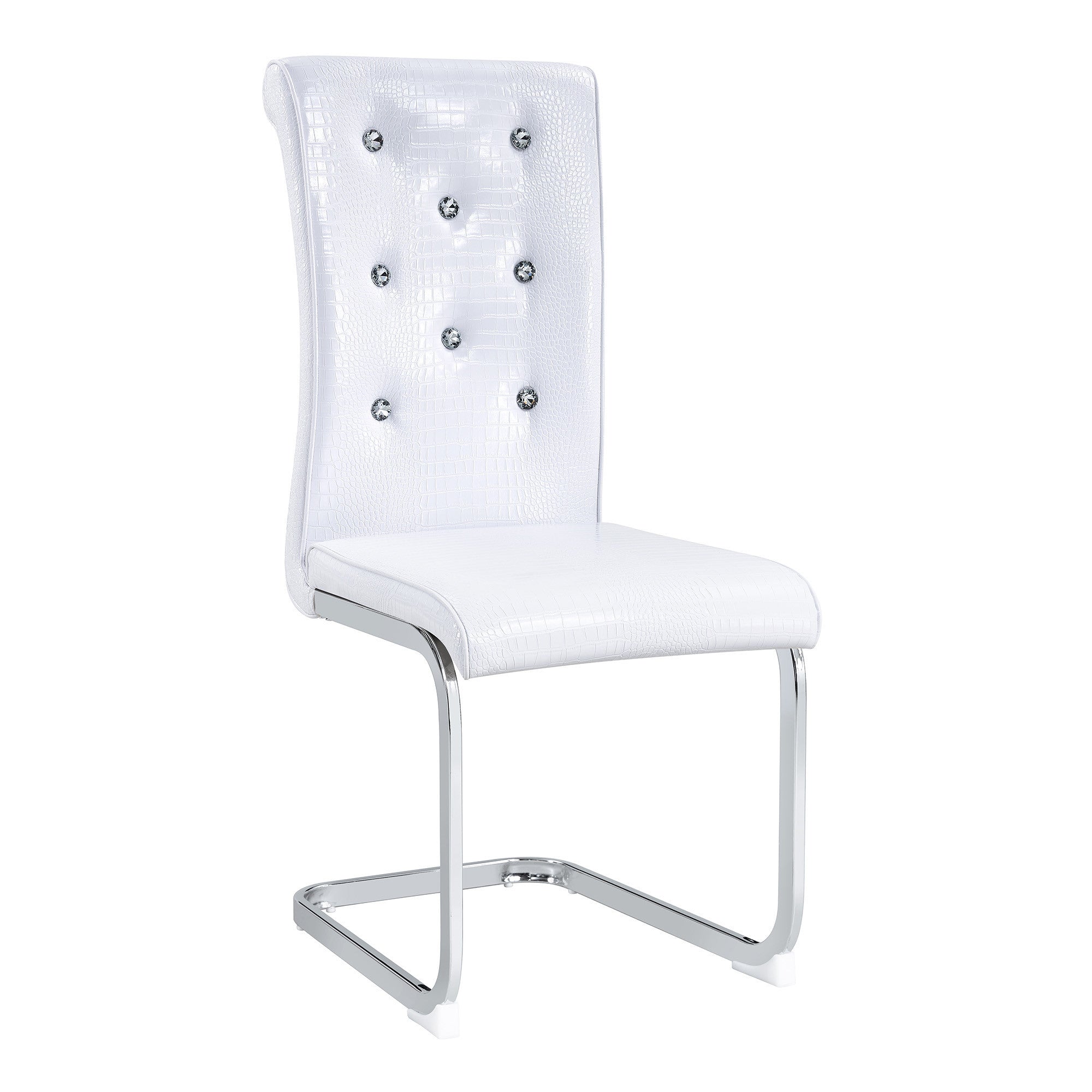 Set of Four White And Silver Tufted Faux Leather And Metal Dining Side Chairs