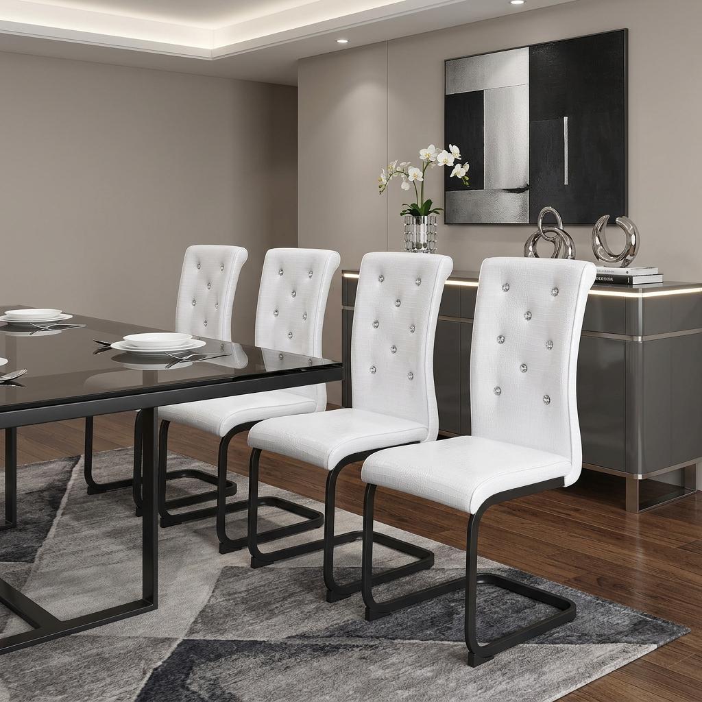 Set of Four White And Black Tufted Faux Leather And Metal Dining Side Chairs