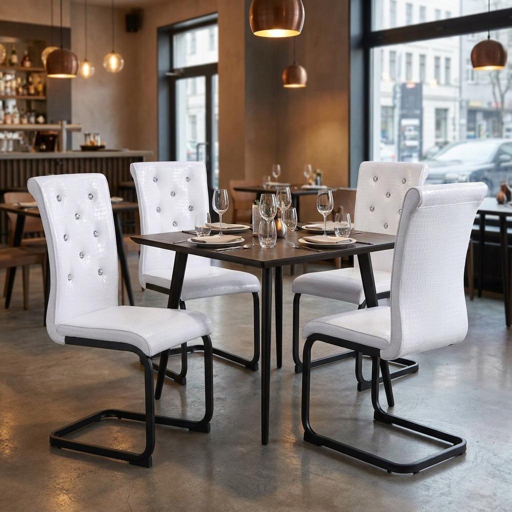 Set of Four White And Black Tufted Faux Leather And Metal Dining Side Chairs