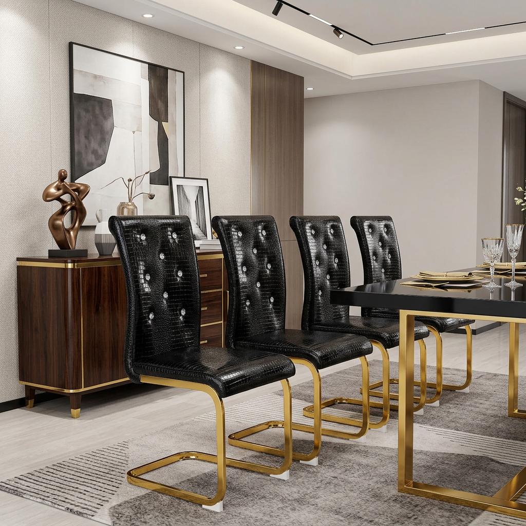 Set of Four Black And Gold Tufted Faux Leather And Metal Dining Side Chairs