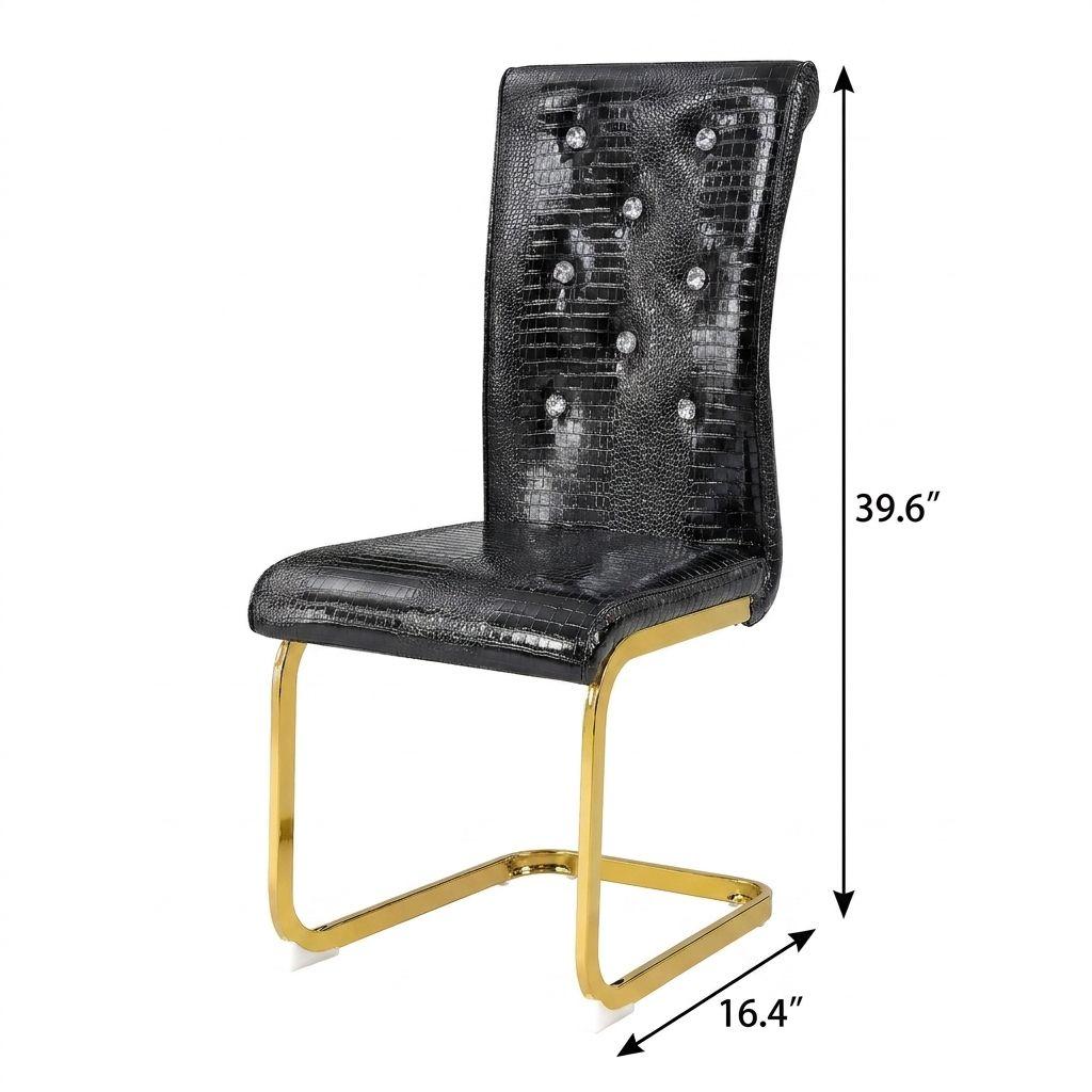 Set of Four Black And Gold Tufted Faux Leather And Metal Dining Side Chairs