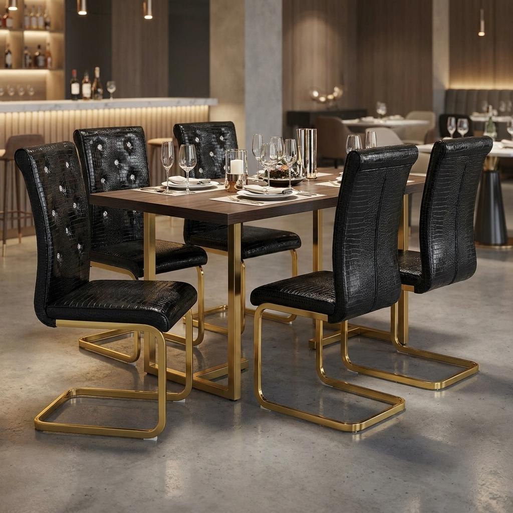 Set of Four Black And Gold Tufted Faux Leather And Metal Dining Side Chairs