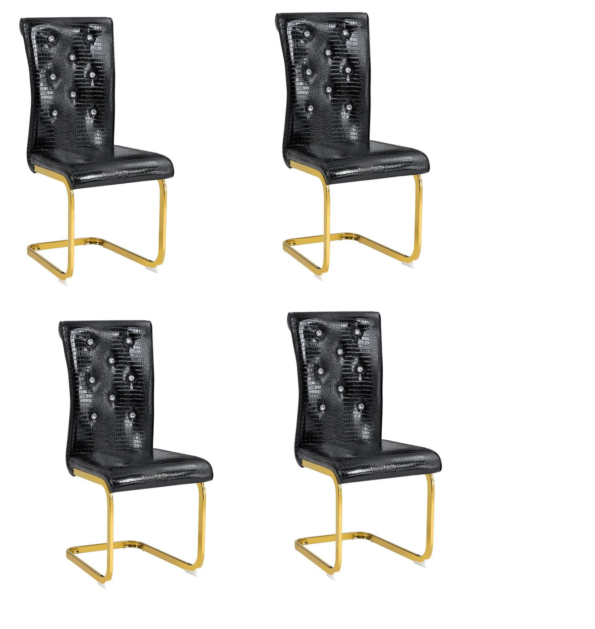 Set of Four Black And Gold Tufted Faux Leather And Metal Dining Side Chairs