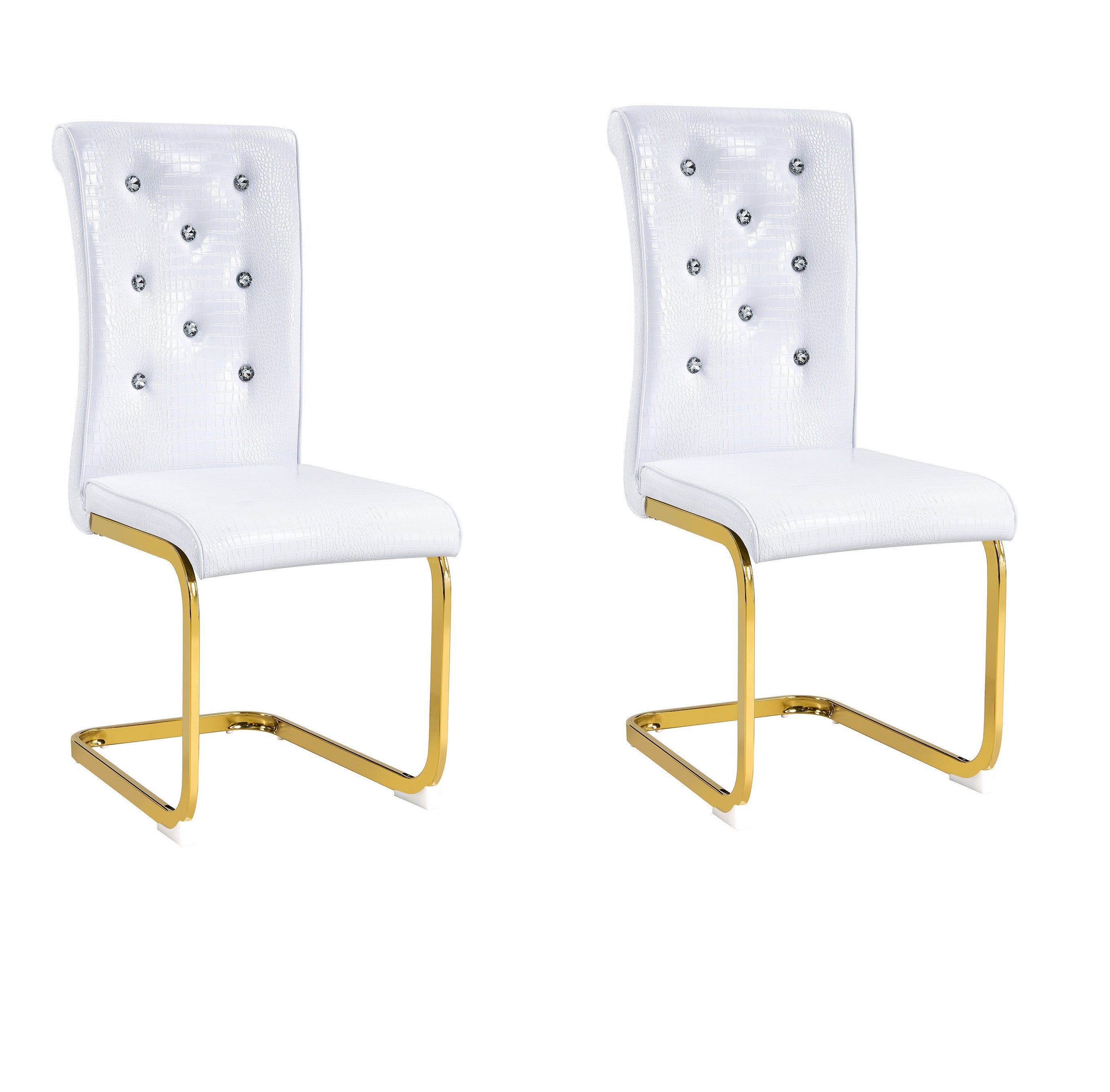 Set of Two White And Gold Tufted Faux Leather And Metal Dining Side Chairs