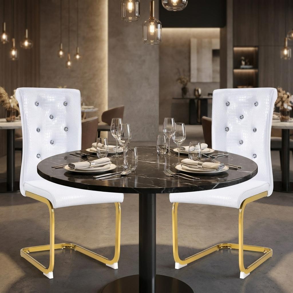 Set of Two White And Gold Tufted Faux Leather And Metal Dining Side Chairs