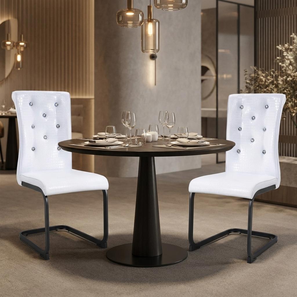 Set of Two White And Black Tufted Faux Leather And Metal Dining Side Chairs