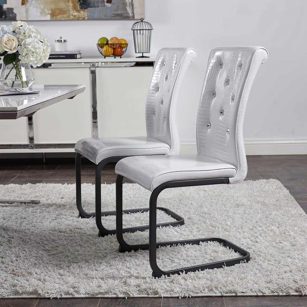 Set of Two White And Black Tufted Faux Leather And Metal Dining Side Chairs