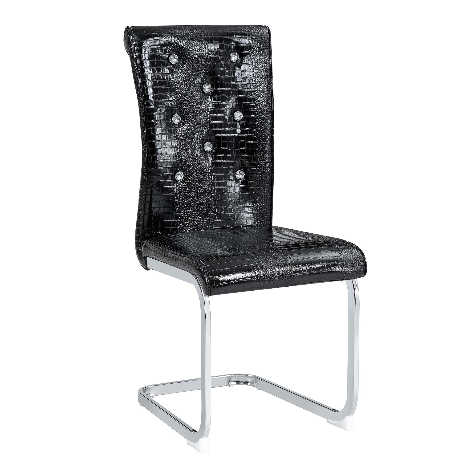 Set of Two Black And Silver Tufted Faux Leather And Metal Dining Side Chairs