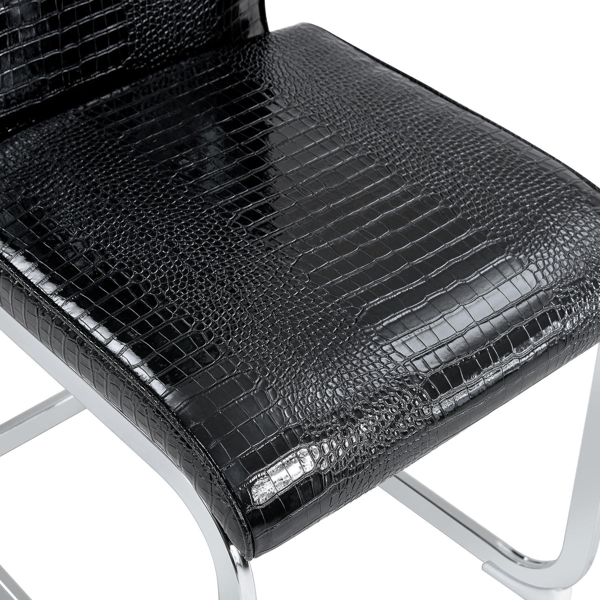 Set of Two Black And Silver Tufted Faux Leather And Metal Dining Side Chairs