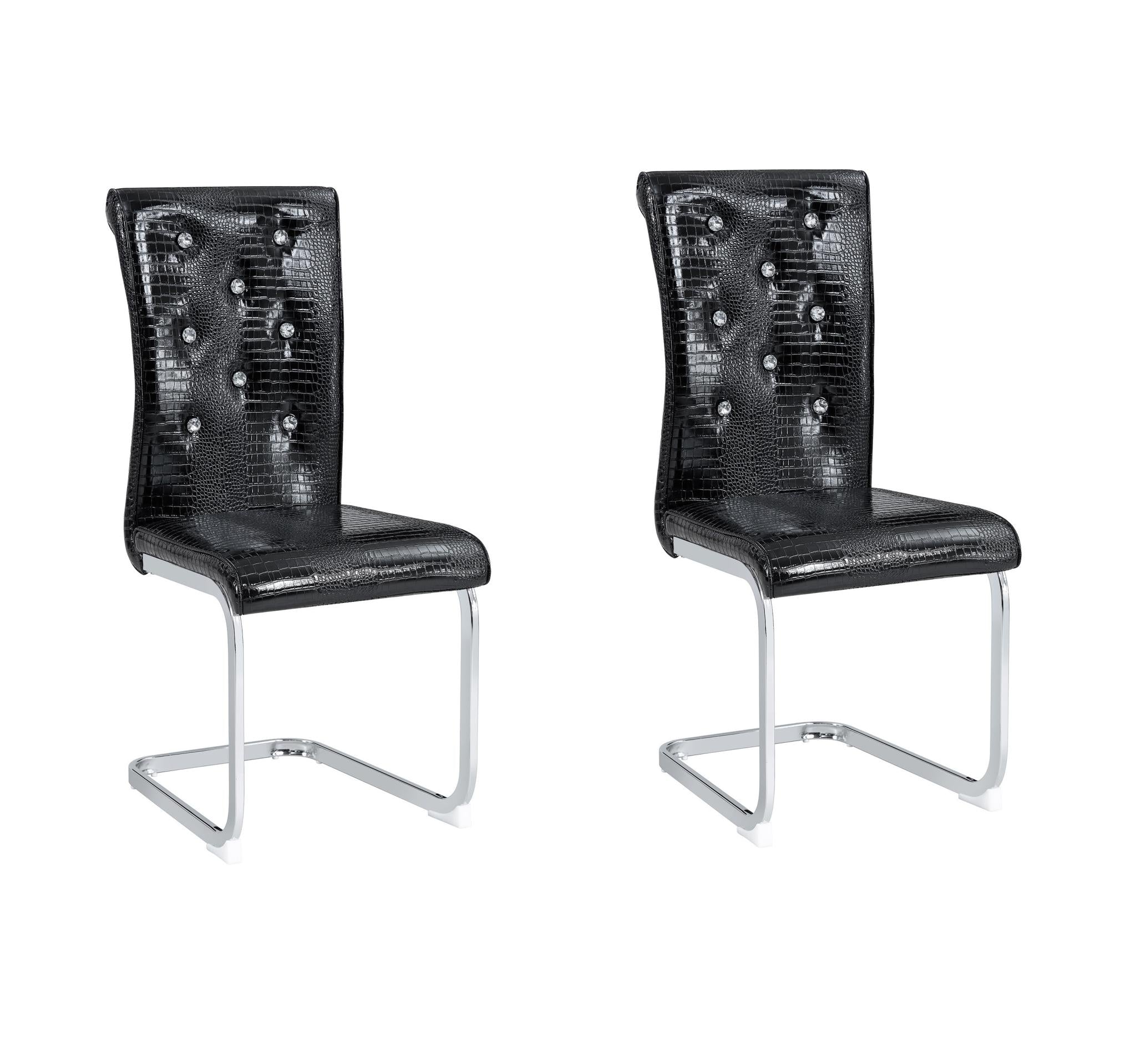 Set of Two Black And Silver Tufted Faux Leather And Metal Dining Side Chairs
