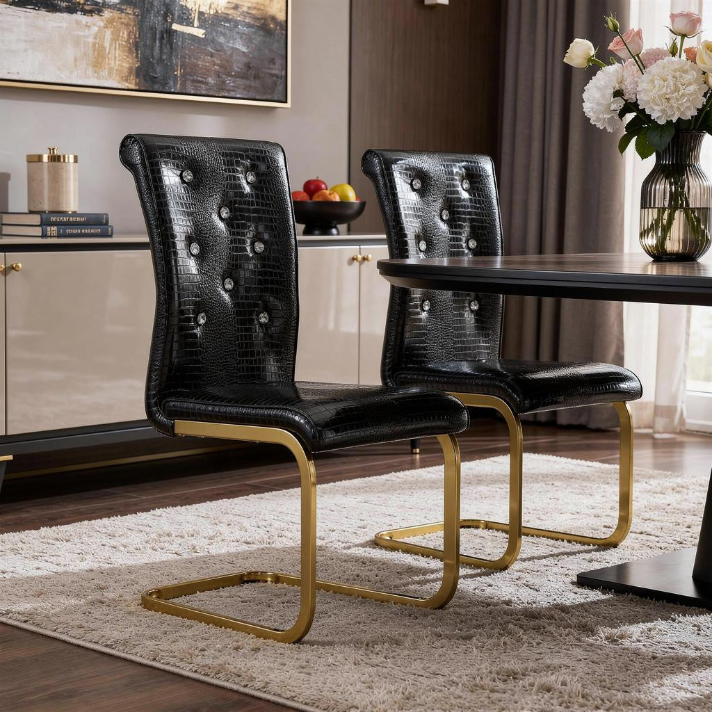 Set of Two Black And Gold Tufted Faux Leather And Metal Dining Side Chairs