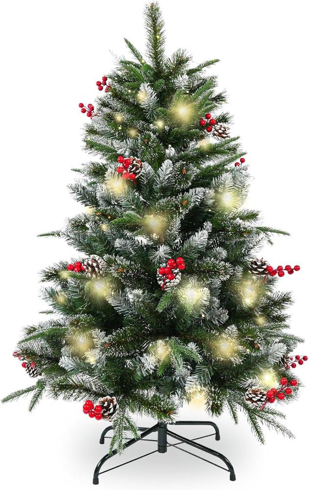 4' Green And White Pre Lit Full Flocked Pine Christmas Tree With Decorations