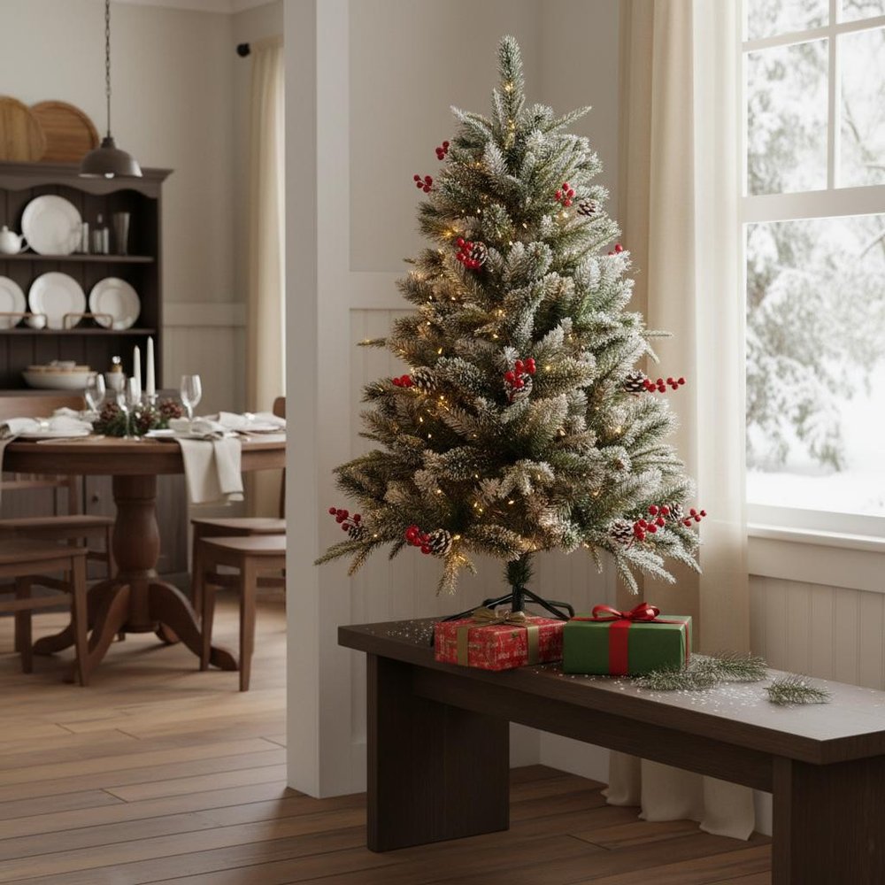 4' Green And White Pre Lit Full Flocked Pine Christmas Tree With Decorations