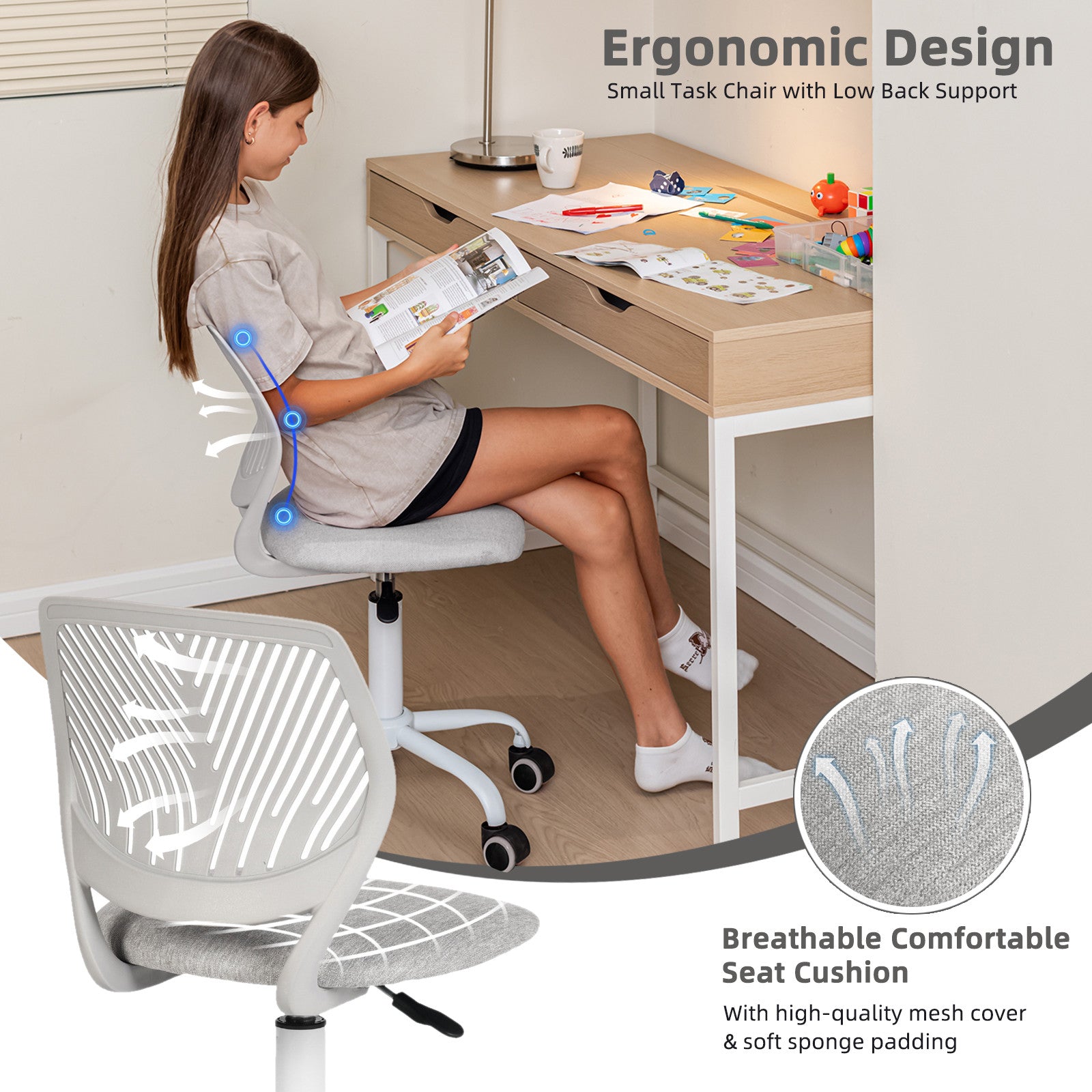 Gray and White Adjustable Height Swivel Rolling Office Chair