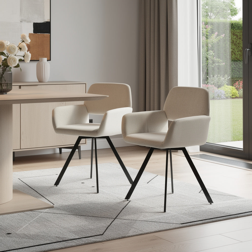 Set of Two Beige and Black Fabric and Steel Dining Arm Chairs