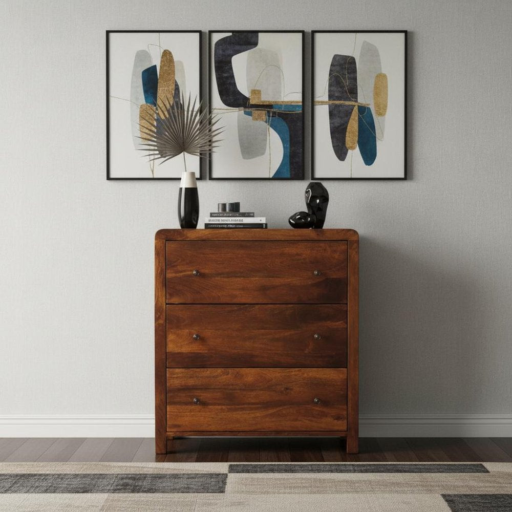 28" Brown Solid Wood Three Drawer Sideboard