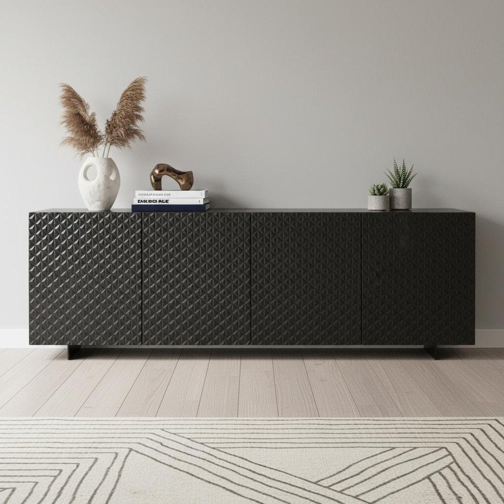94" Dark Gray Wood Carved Geometric Sideboard With Four Doors