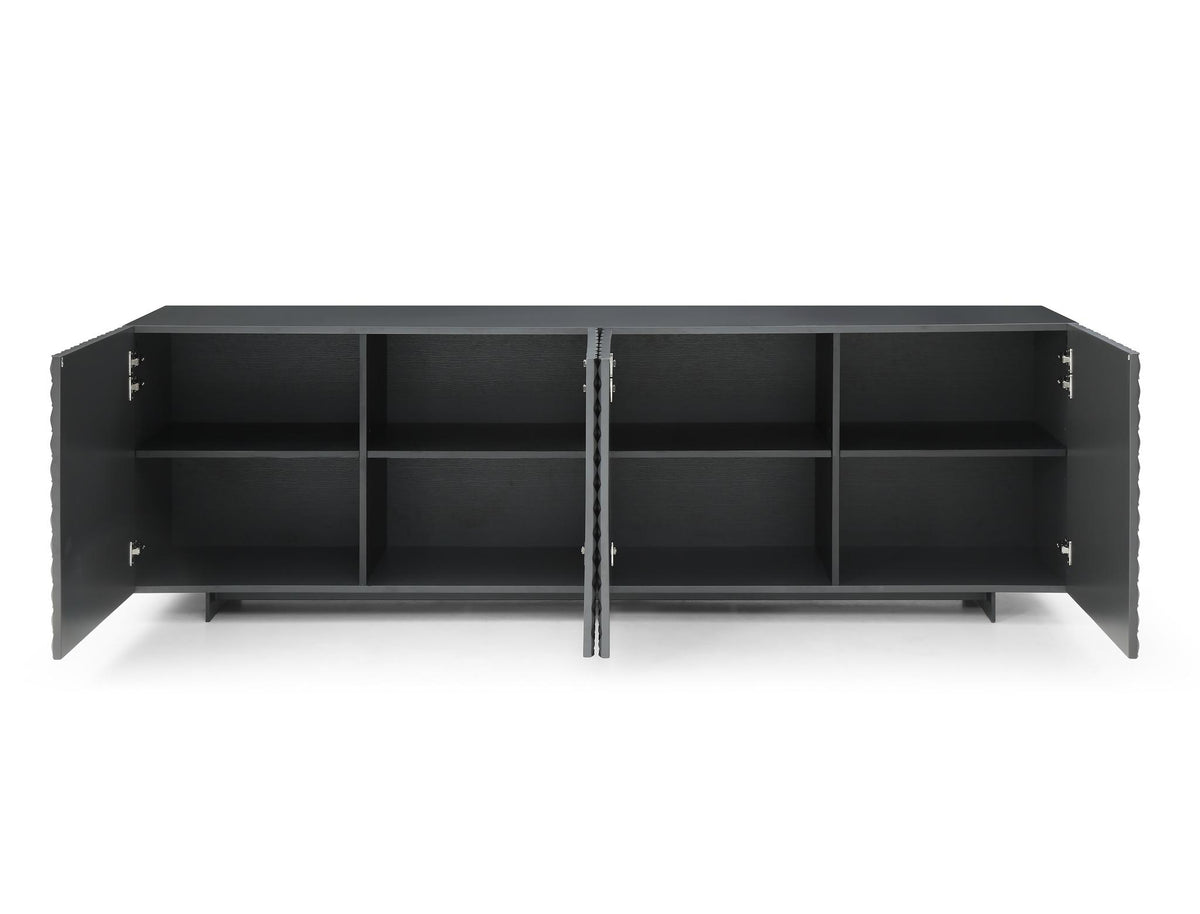 94" Dark Gray Wood Carved Geometric Sideboard With Four Doors