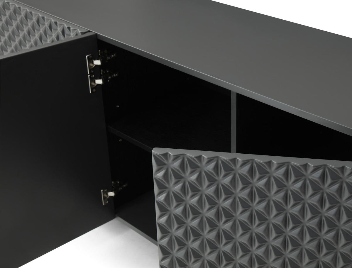94" Dark Gray Wood Carved Geometric Sideboard With Four Doors