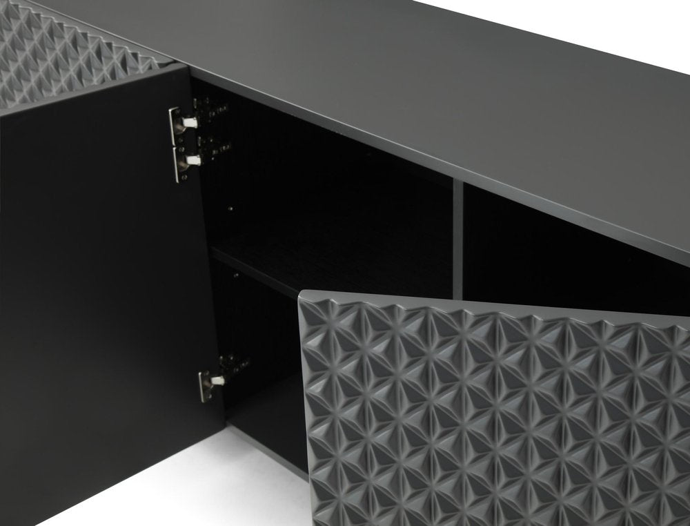 94" Dark Gray Wood Carved Geometric Sideboard With Four Doors