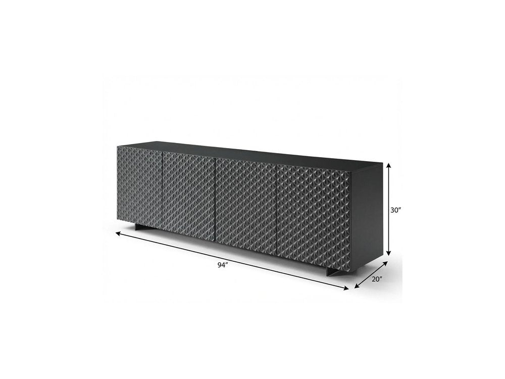 94" Dark Gray Wood Carved Geometric Sideboard With Four Doors