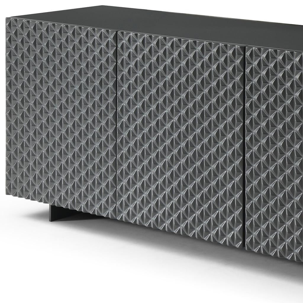 94" Dark Gray Wood Carved Geometric Sideboard With Four Doors