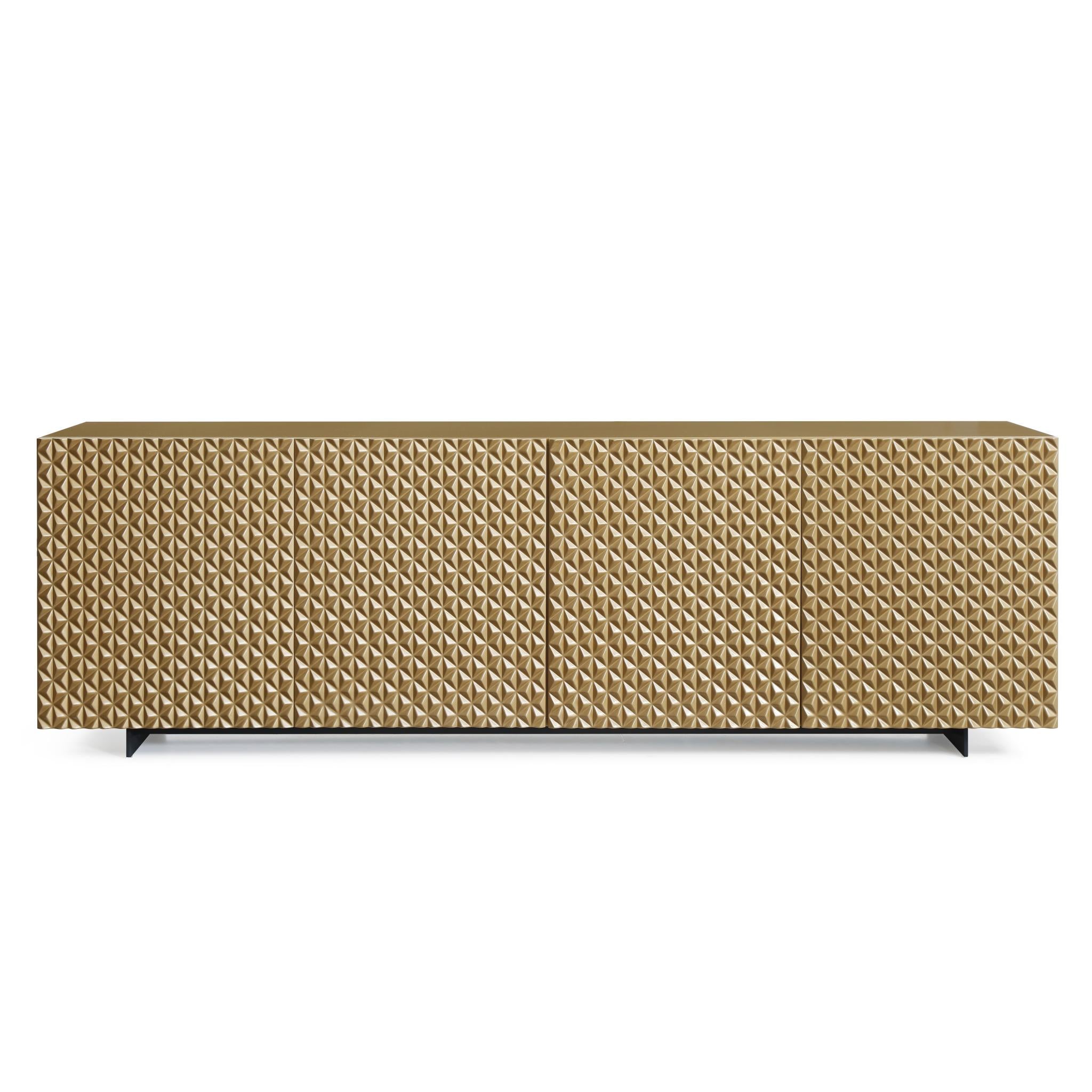 94" Gold Wood Carved Geometric Sideboard With Four Doors