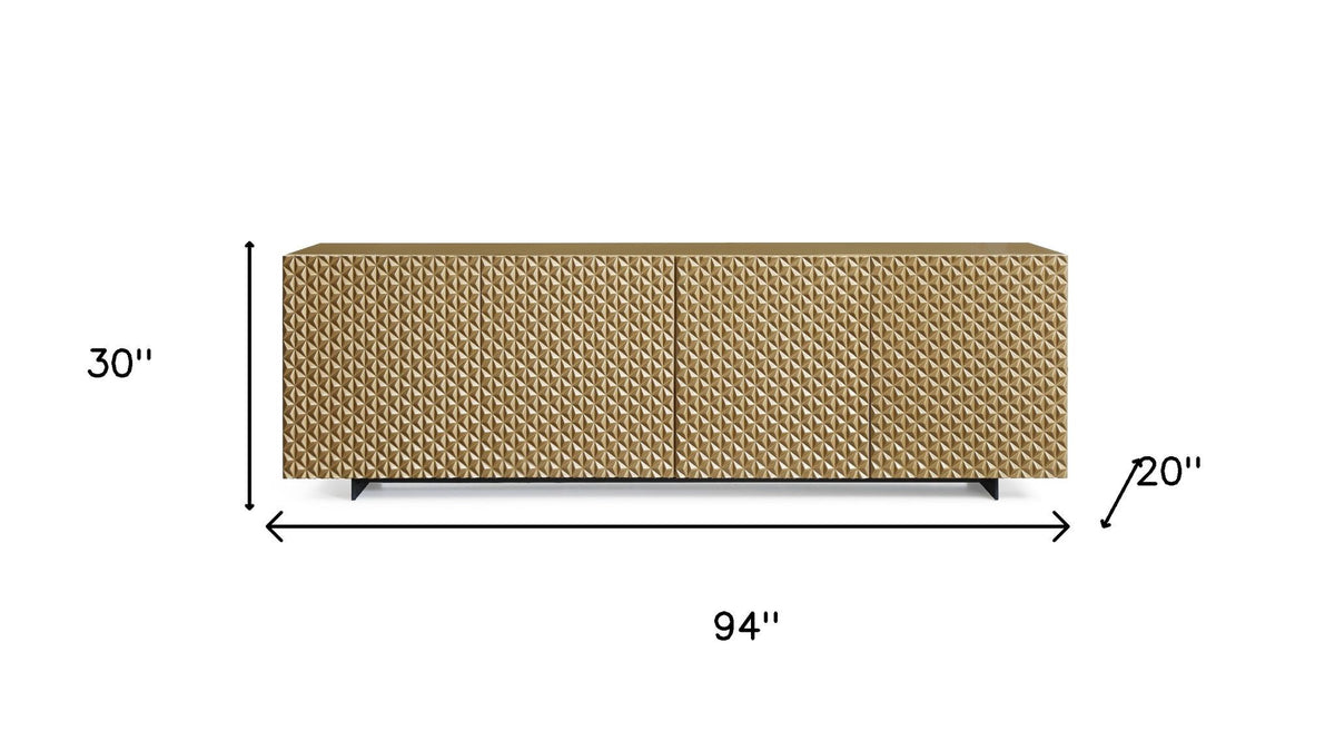94" Gold Wood Carved Geometric Sideboard With Four Doors