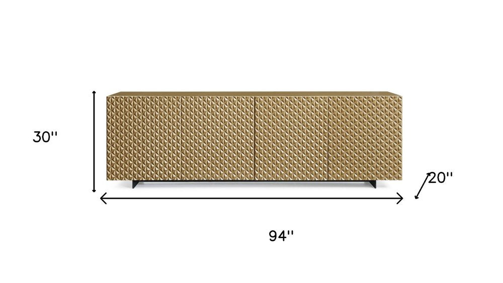 94" Gold Wood Carved Geometric Sideboard With Four Doors