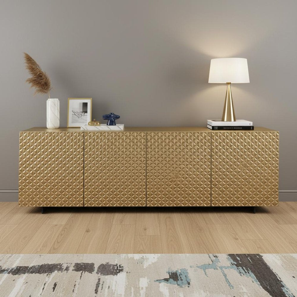 94" Gold Wood Carved Geometric Sideboard With Four Doors