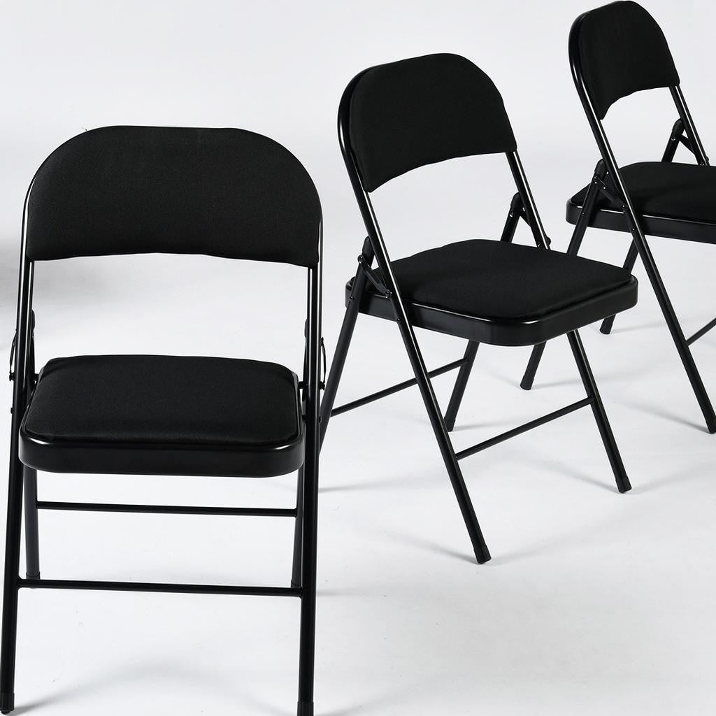 Set of Four Black Faux Leather and Steel Folding Chairs
