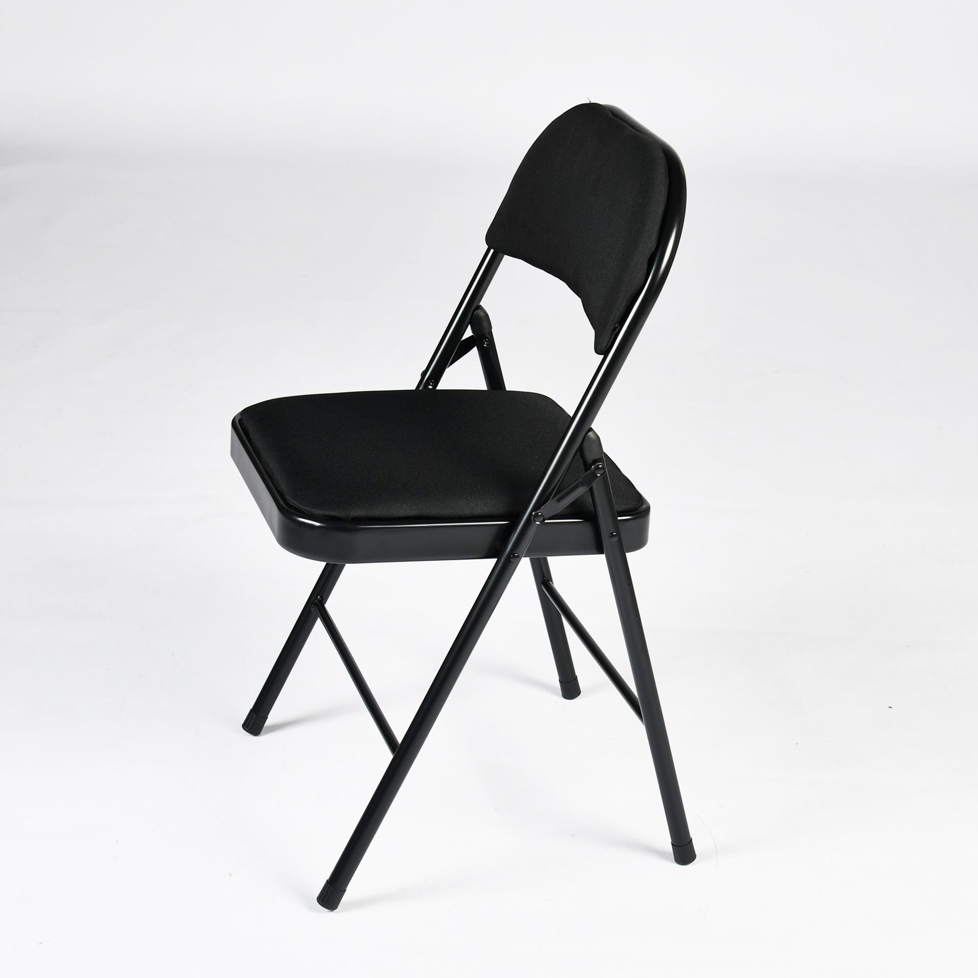 Set of Four Black Faux Leather and Steel Folding Chairs