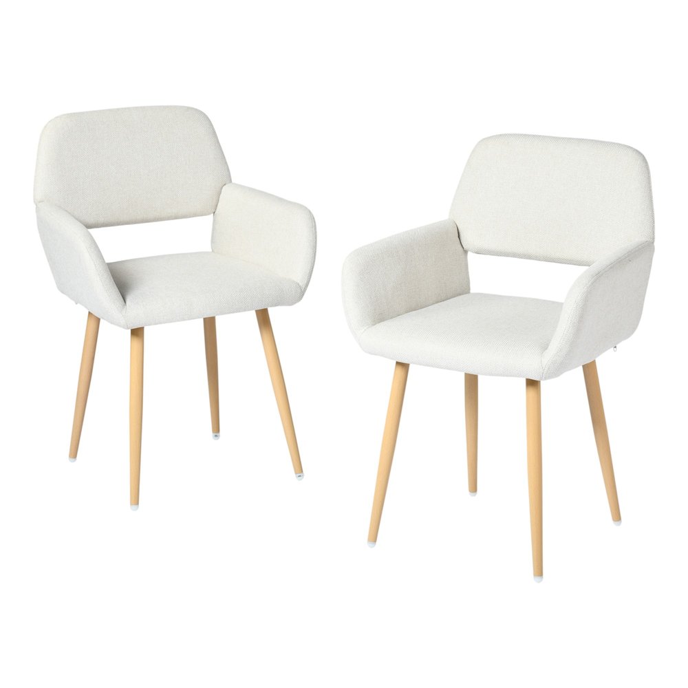 Set of Two Beige and Oak Fabric and Steel Dining Arm Chairs