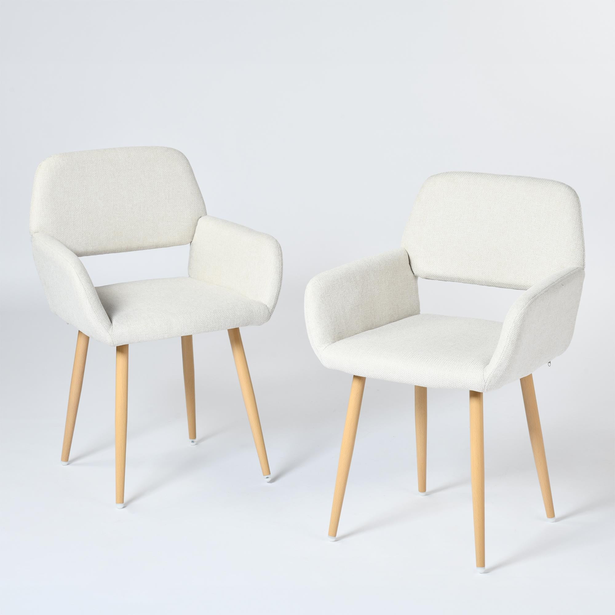 Set of Two Beige and Oak Fabric and Steel Dining Arm Chairs