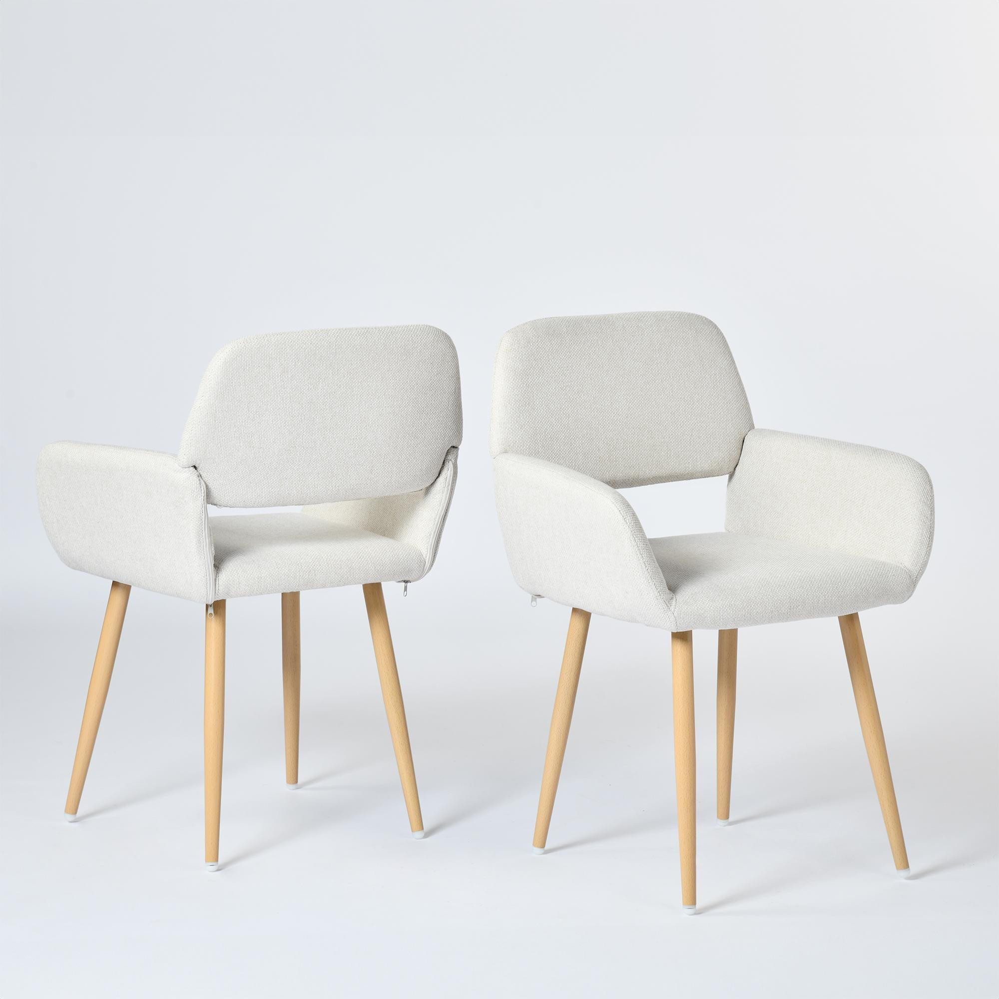 Set of Two Beige and Oak Fabric and Steel Dining Arm Chairs