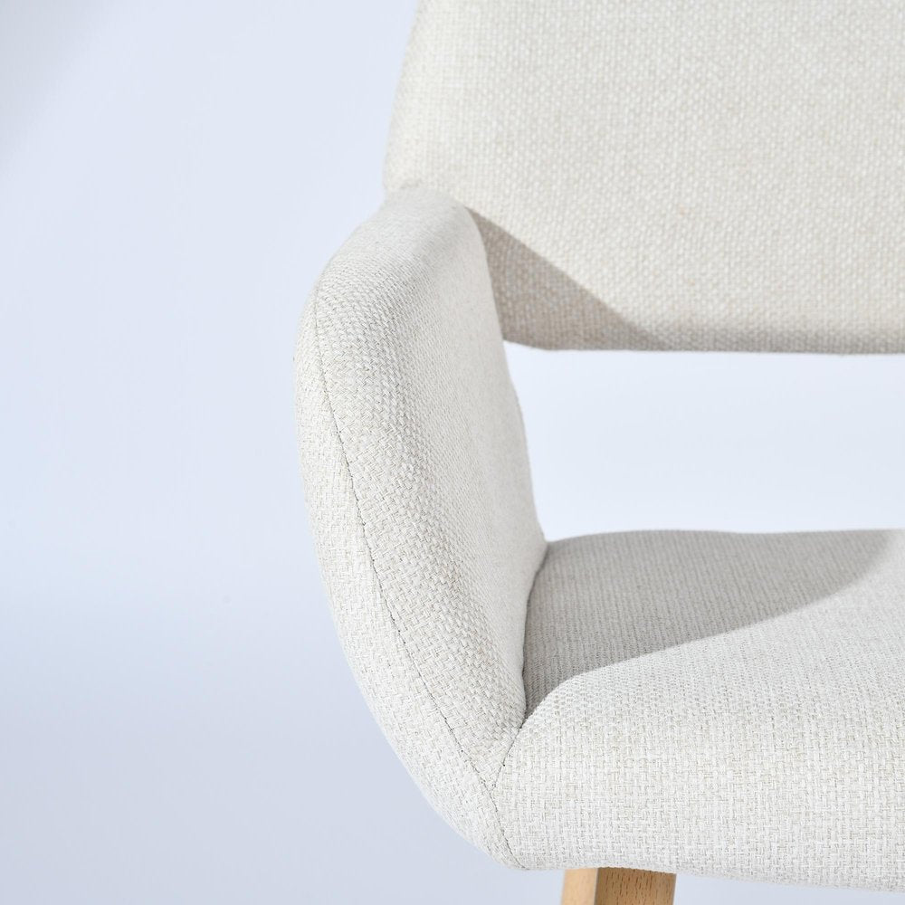 Set of Two Beige and Oak Fabric and Steel Dining Arm Chairs