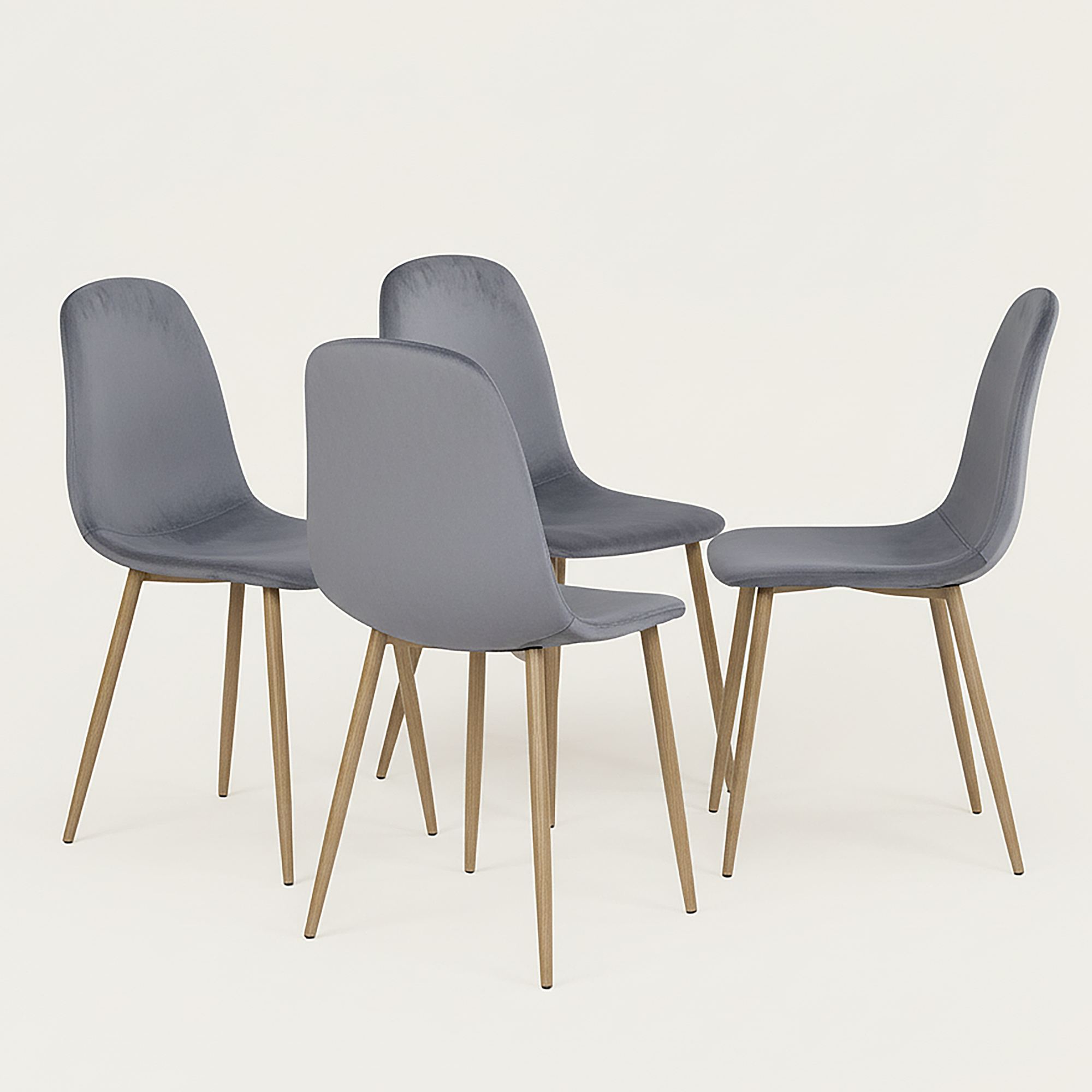 Set of Four Gray and Oak Velvet and Steel Dining Side Chairs
