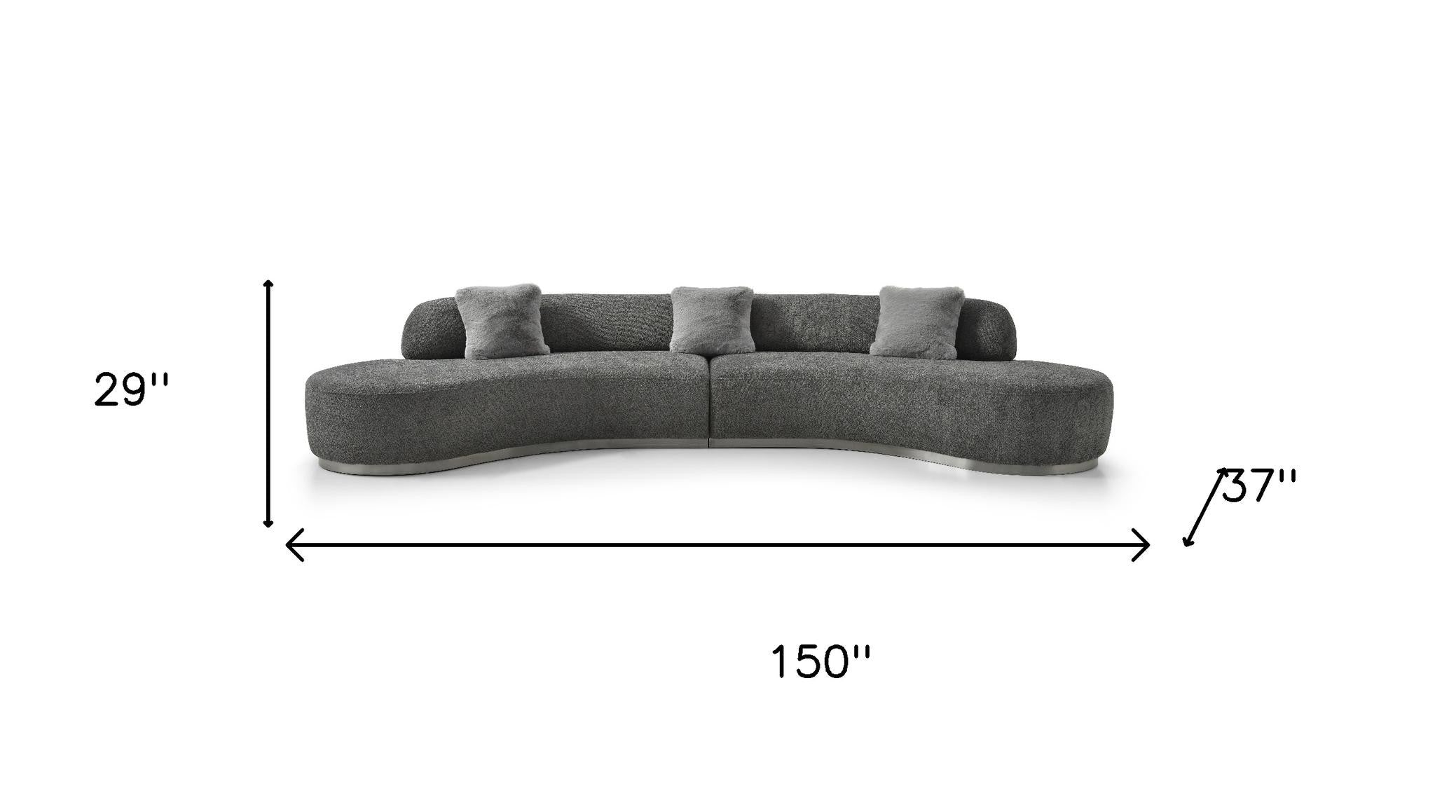 150" Dark Gray Boucle Curved Sofa With Toss Pillows