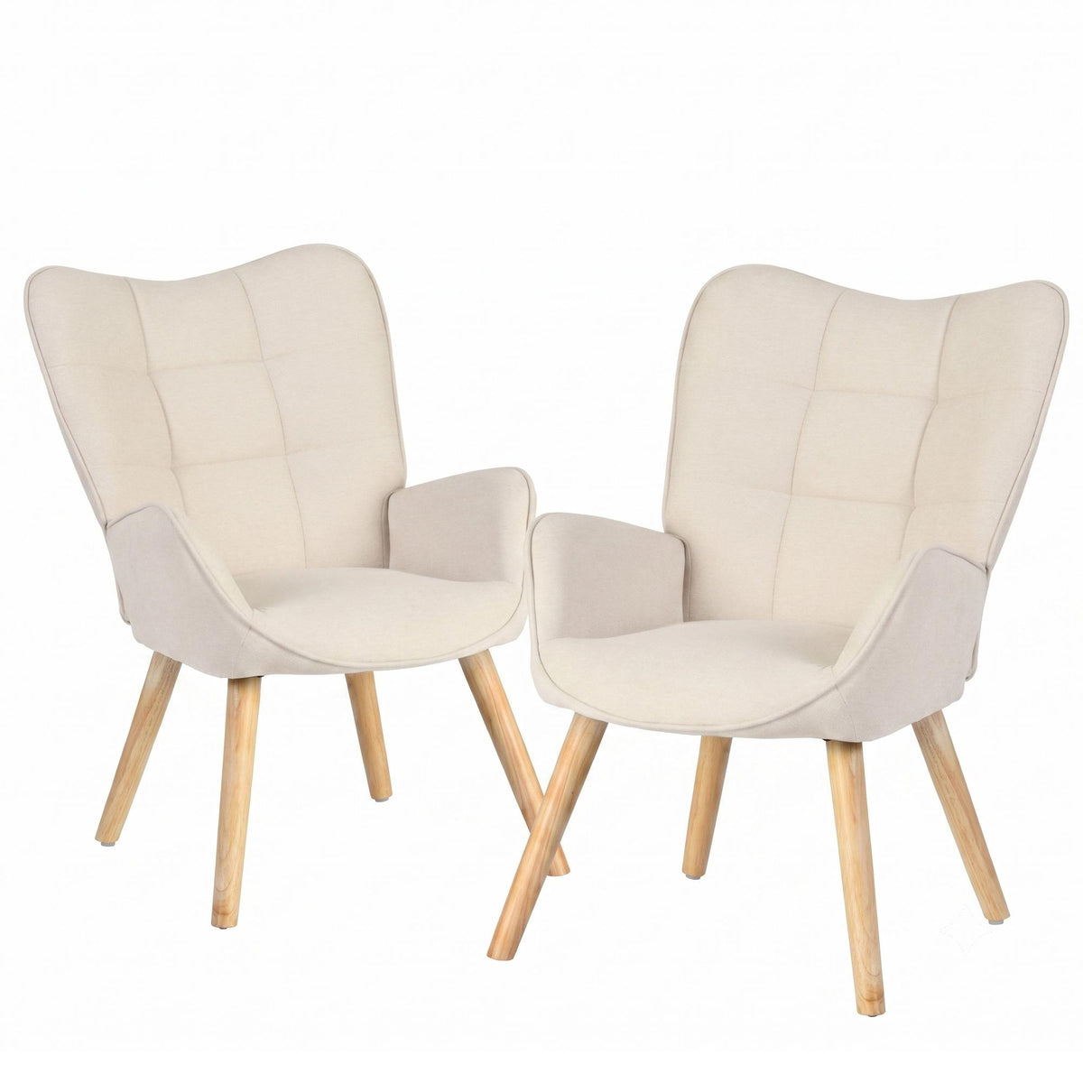 23" Beige and Natural Tufted Chenille and Solid Wood Wingback Chair