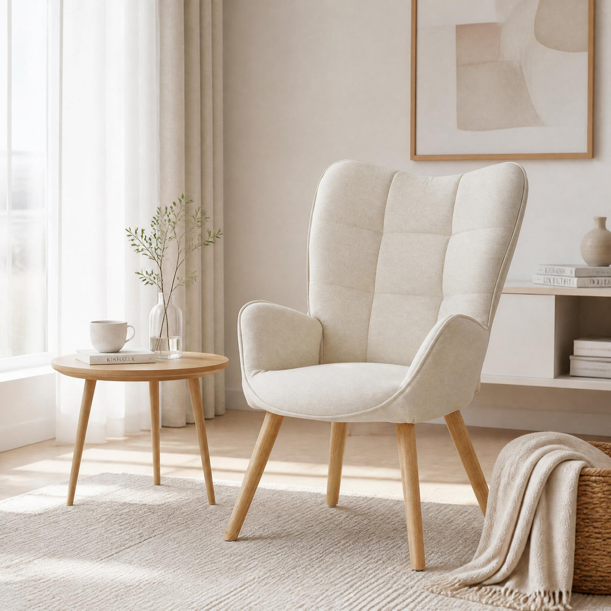 23" Beige and Natural Tufted Chenille and Solid Wood Wingback Chair