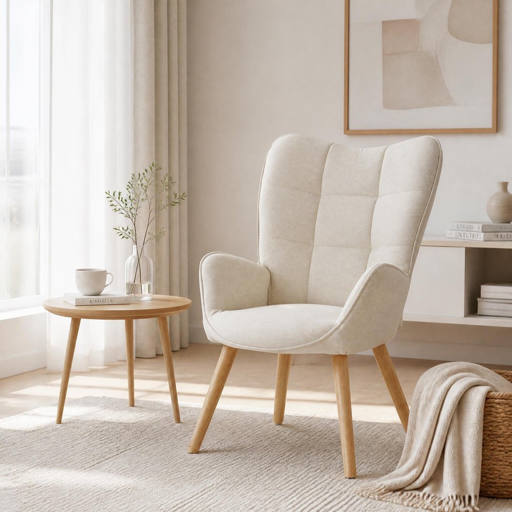 23" Beige and Natural Tufted Chenille and Solid Wood Wingback Chair