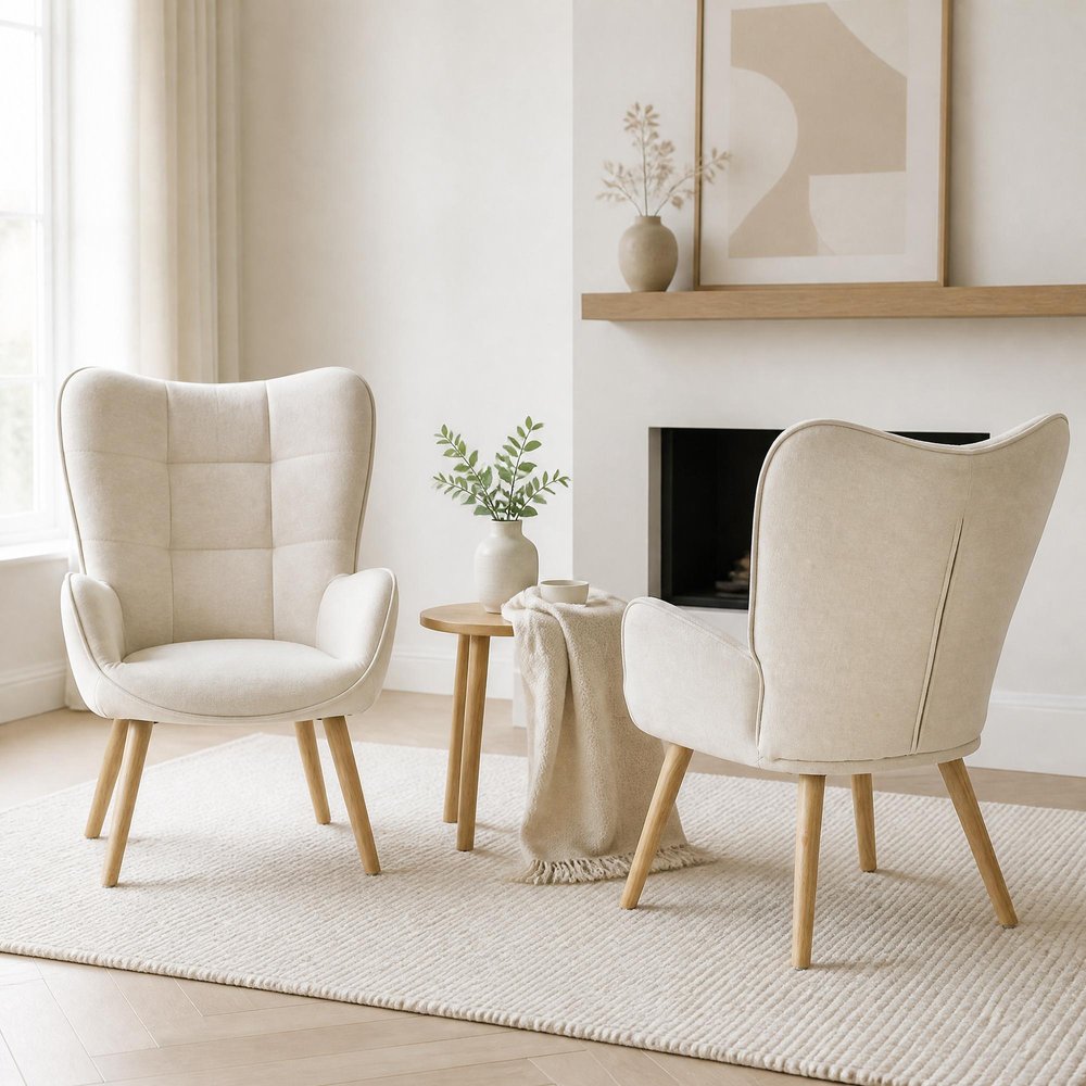 23" Beige and Natural Tufted Chenille and Solid Wood Wingback Chair