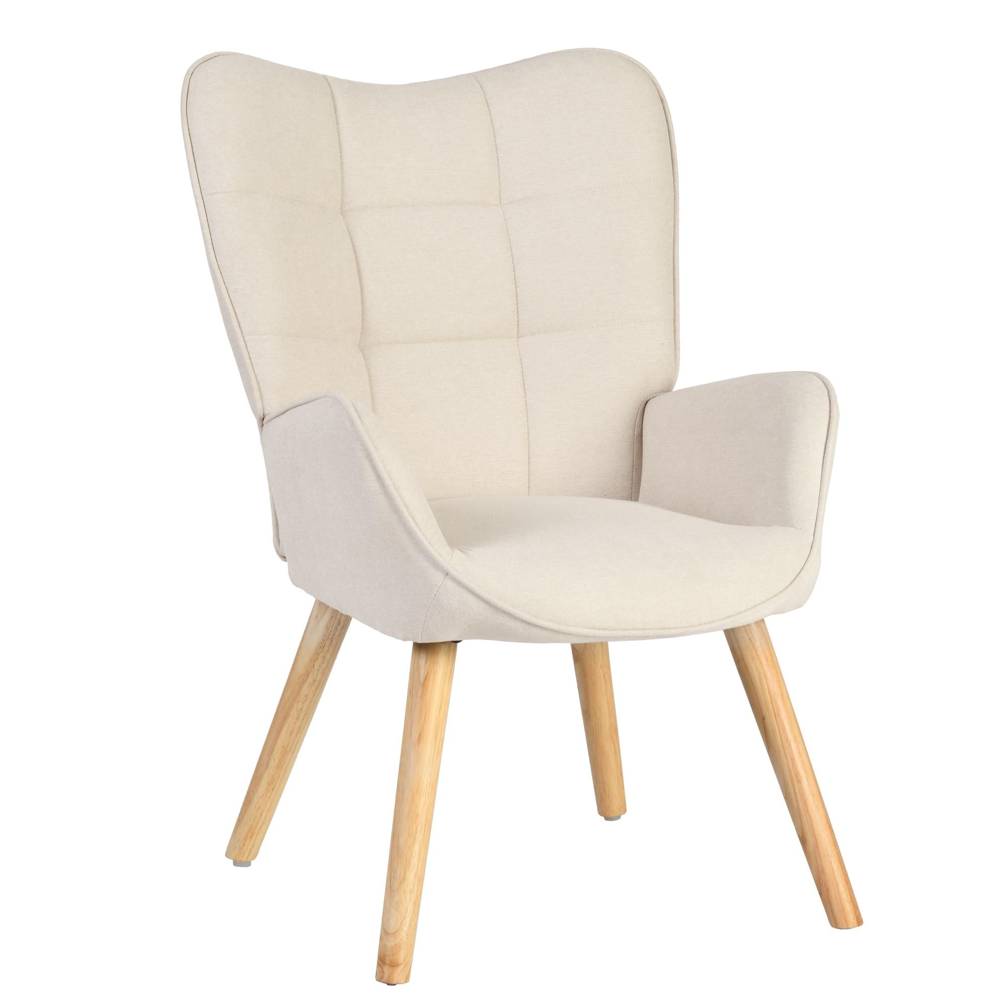 23" Beige and Natural Tufted Chenille and Solid Wood Wingback Chair