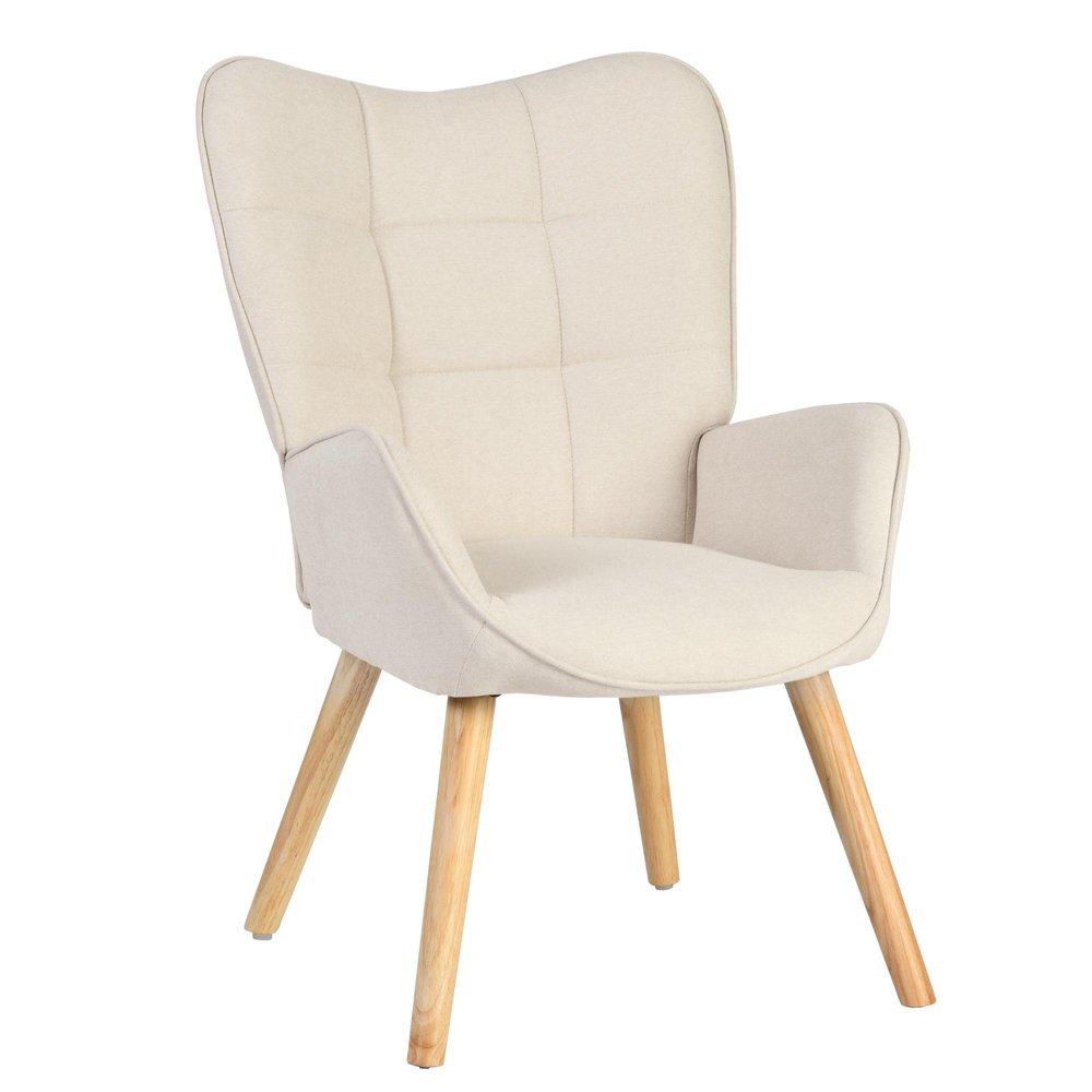 23" Beige and Natural Tufted Chenille and Solid Wood Wingback Chair
