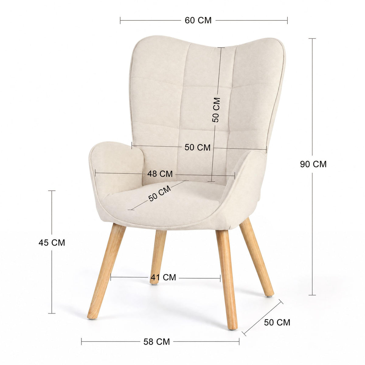 23" Beige and Natural Tufted Chenille and Solid Wood Wingback Chair