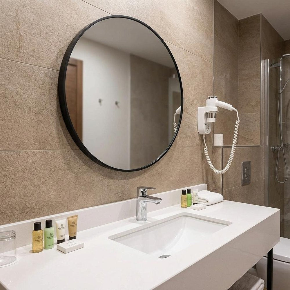 30" Black Metal Round Framed Bathroom Vanity Mirror