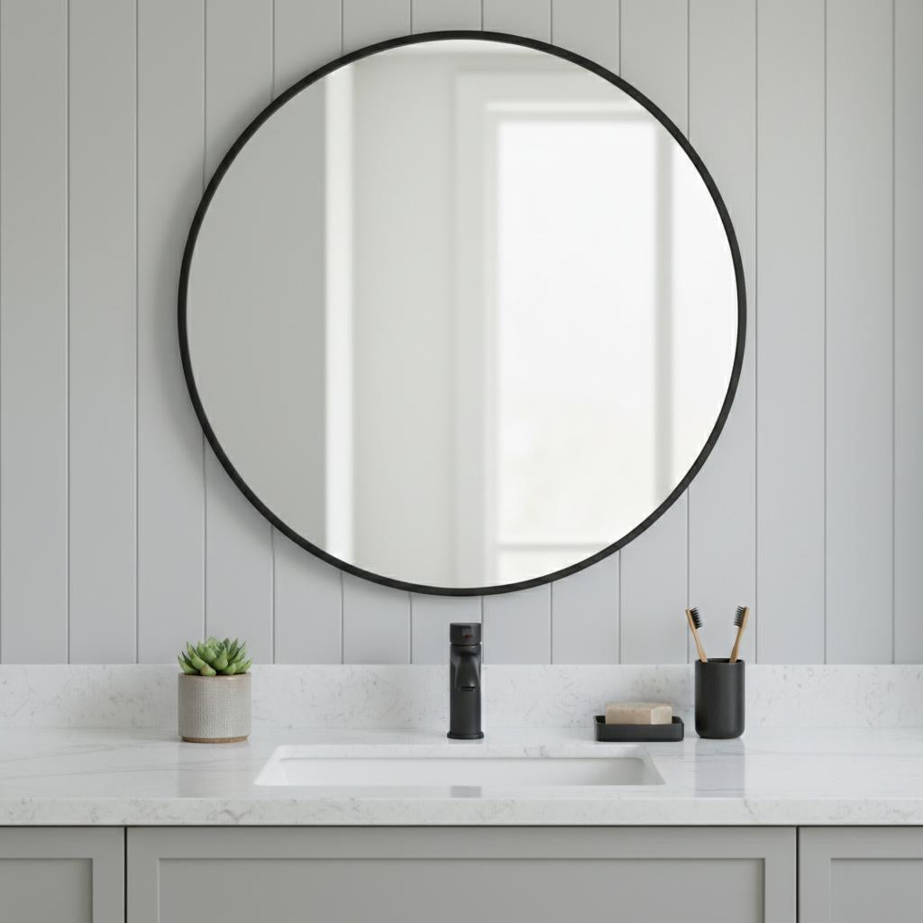 30" Black Metal Round Framed Bathroom Vanity Mirror