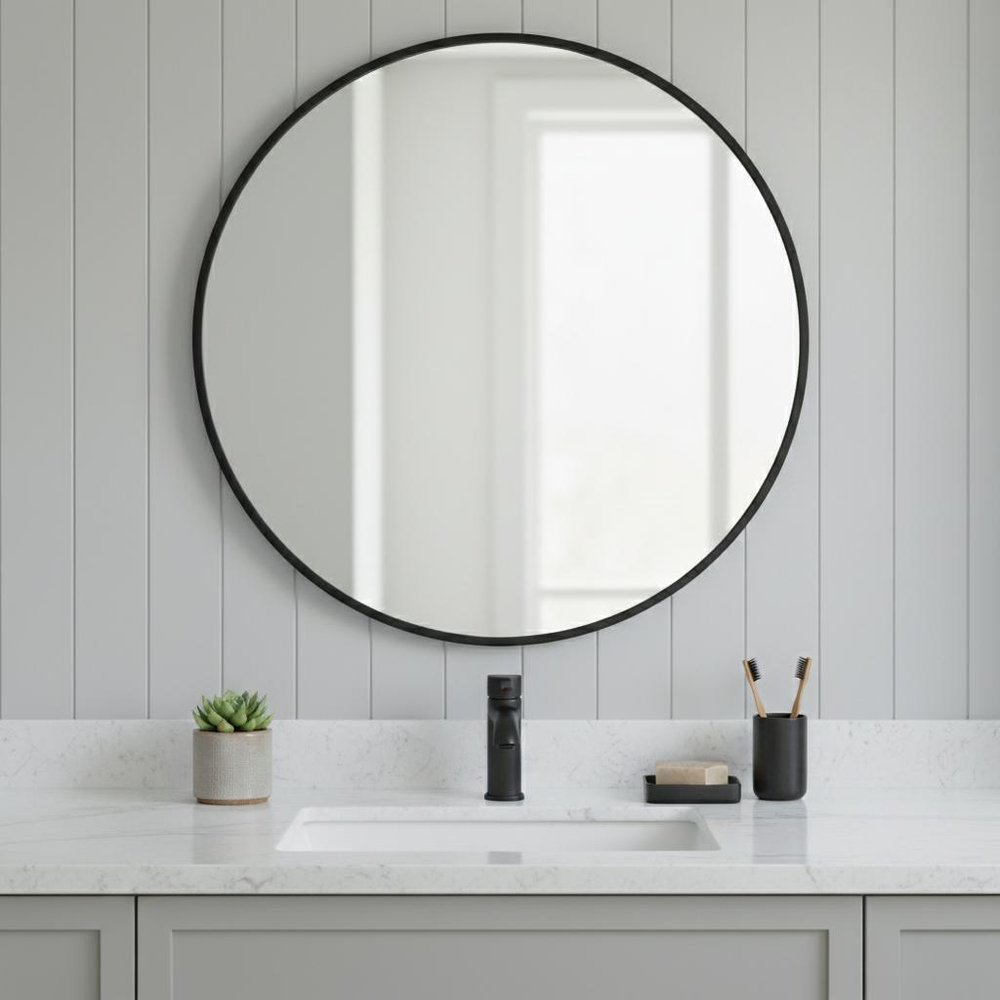 30" Black Metal Round Framed Bathroom Vanity Mirror