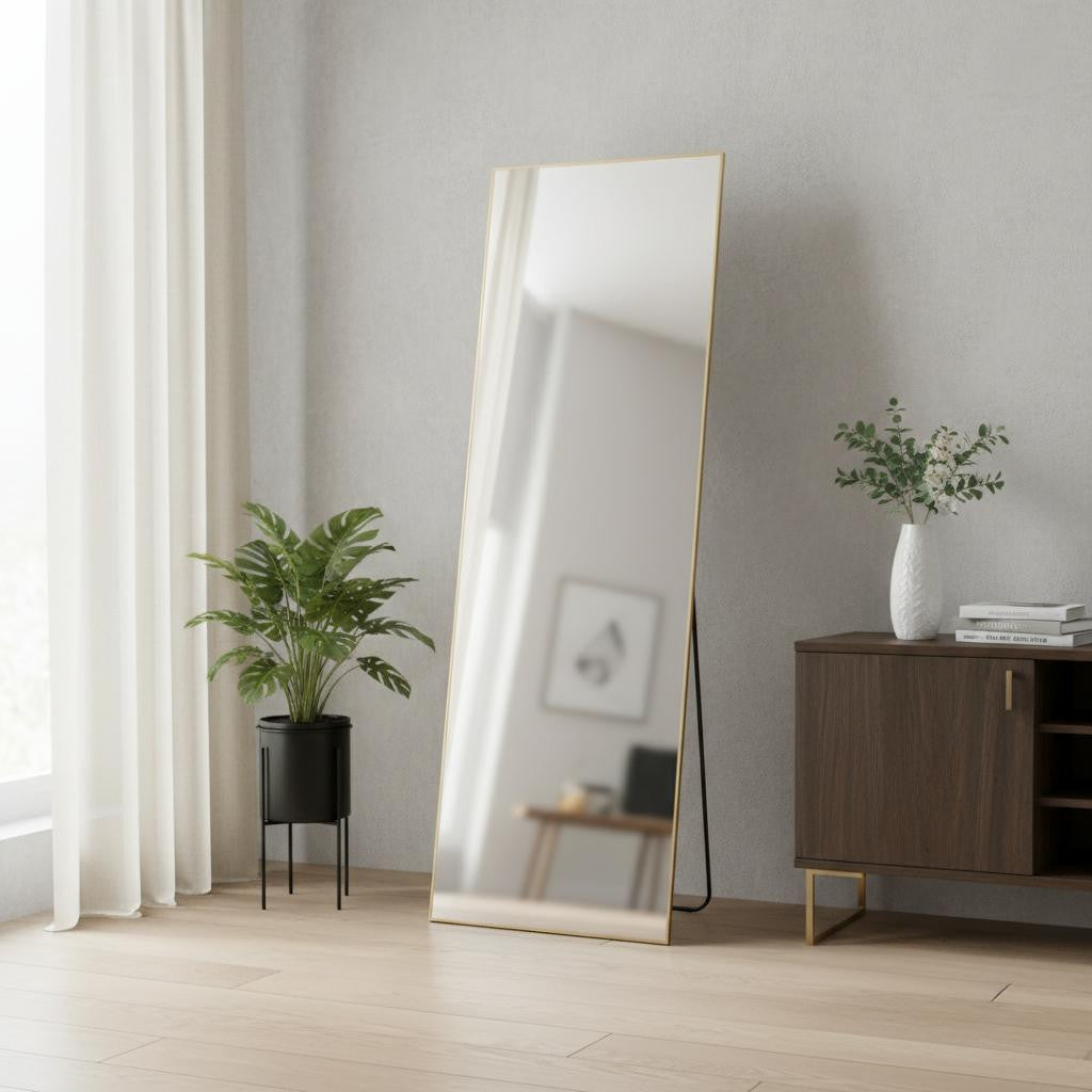 63" Gold Metal Wall Mounted Leaning And Freestanding Framed Standing Mirror